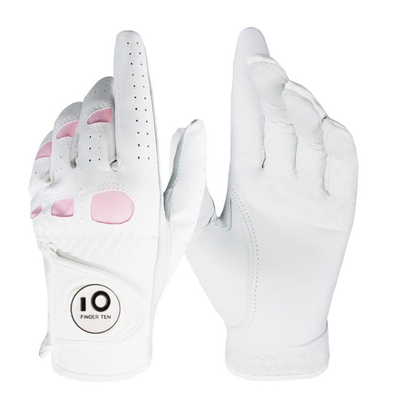 FINGER TEN Womenâ€™s Leather Golf Glove with Ball Marker Extra Grip 1 Pack, Left Right Hand Pink Fit Woman Girl, Size Small Medium Large XL (X-Large, Left) - Image 1